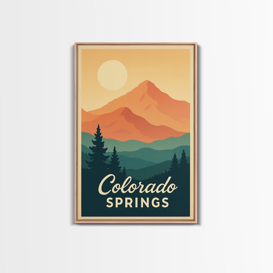 Colorado Springs Colorado Travel Poster, Framed Canvas Print, Retro Sunset Skyline Art, Colorado Springs Travel Art, Living Room Wall Art