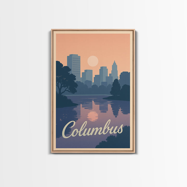 Columbus Travel Poster, Framed Canvas Print, Retro Sunset Skyline Art, Columbus Wall Art, Modern Wall Decor, Retro Travel Print