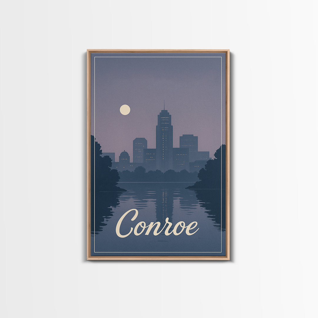 Conroe Travel Poster, Framed Canvas Print, Mid Century City Wall Art, Conroe Travel Art, Living Room Wall Art, Vintage City Poster