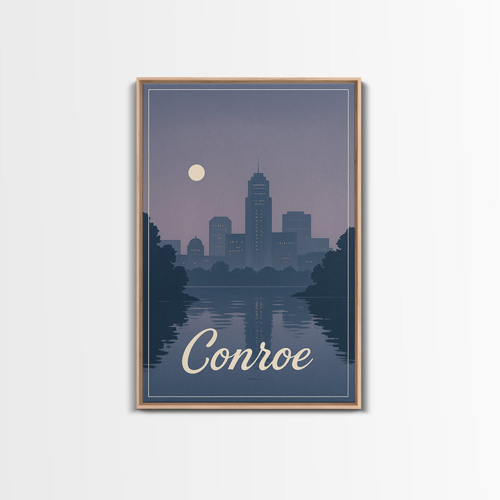 Conroe Travel Poster, Framed Canvas Print, Mid Century City Wall Art, Conroe Travel Art, Living Room Wall Art, Vintage City Poster