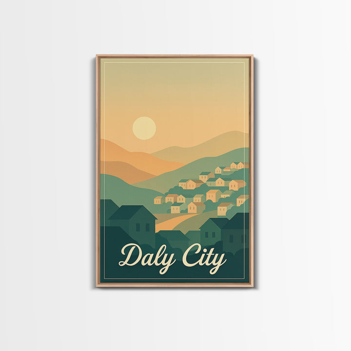 Daly City California Travel Poster, Canvas Print, Retro Sunset Skyline Art, Daly City Art Print, Gift For Travelers, Living Room Wall Art