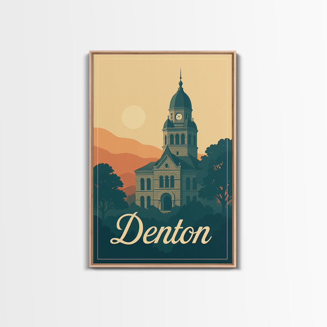 Denton Texas Travel Poster, Canvas Print, Retro Sunset Skyline Art, Denton Travel Art, Travel Poster Set, Wanderlust Decor, City Poster