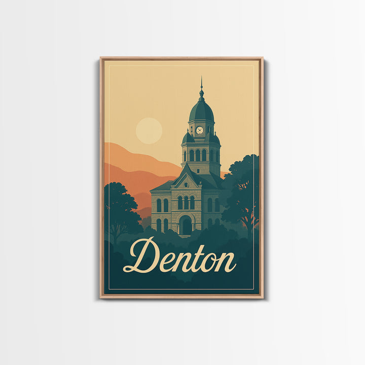 Denton Texas Travel Poster, Canvas Print, Retro Sunset Skyline Art, Denton Travel Art, Travel Poster Set, Wanderlust Decor, City Poster