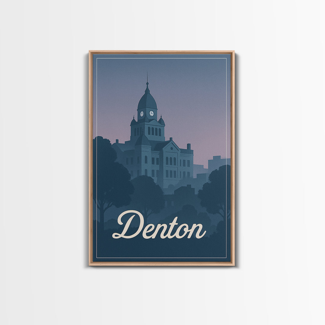 Denton Travel Poster, Framed Canvas Print, Retro Sunset Skyline Art, Denton Poster Print, Vintage Travel Art, City Travel Prints