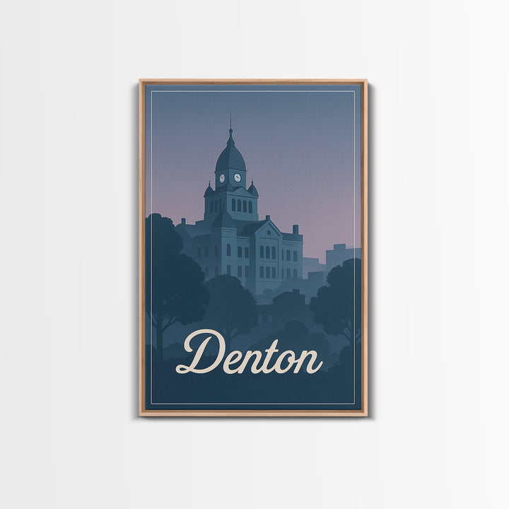 Denton Travel Poster, Framed Canvas Print, Retro Sunset Skyline Art, Denton Poster Print, Vintage Travel Art, City Travel Prints