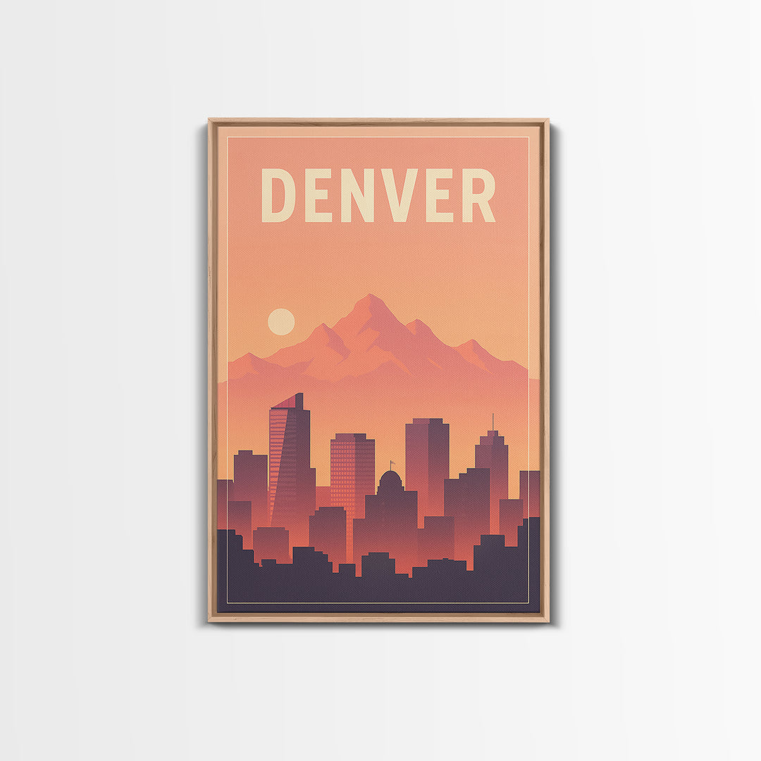 Denver Travel Poster, Framed Canvas Print, Retro Sunset Skyline Art, Denver Poster Print, Travel Poster Set, Travel Art Print, Wall Art