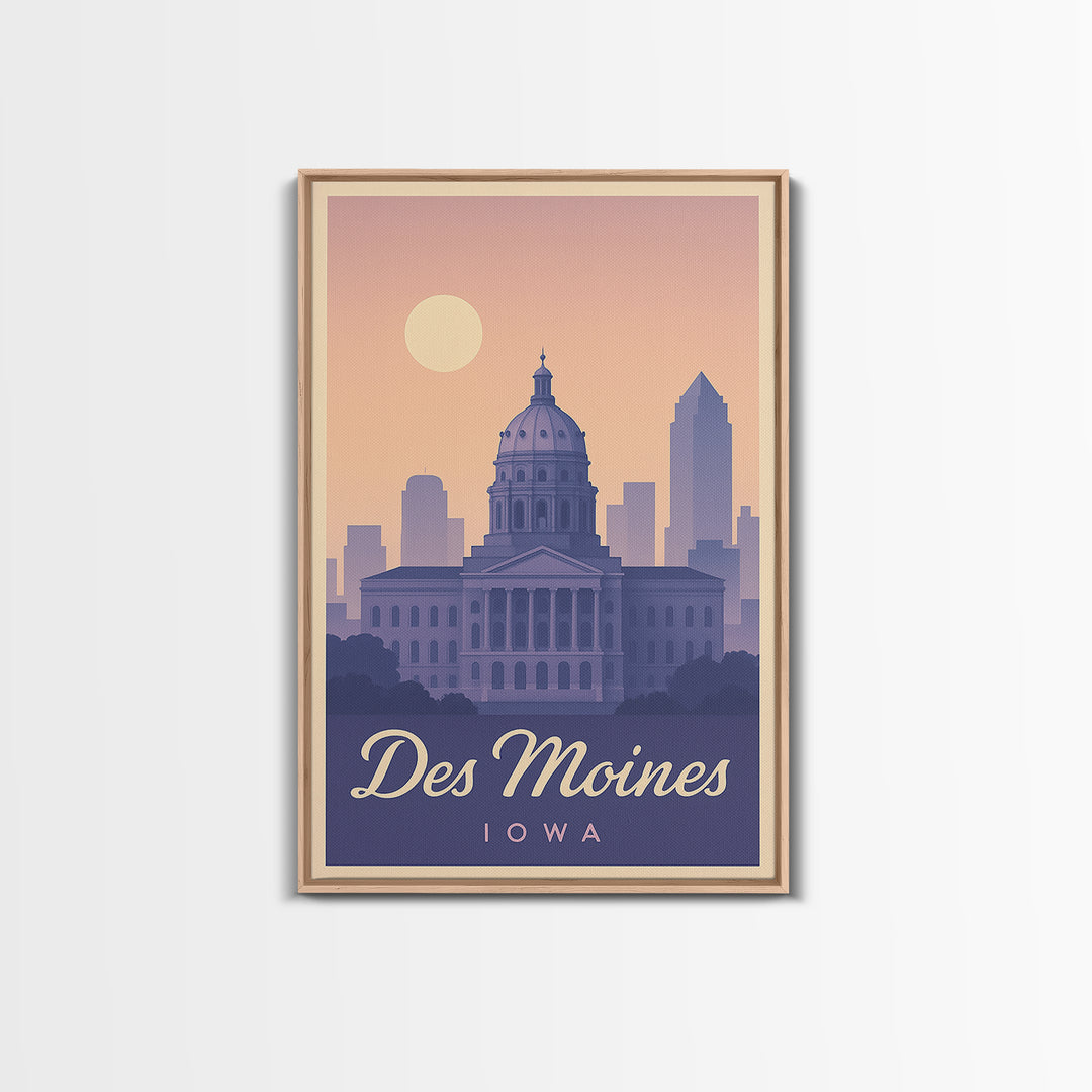 Des Moines Travel Poster, Framed Canvas Print, Retro Sunset Skyline Art, Des Moines Art Print, Vintage Travel Art, City Art Print