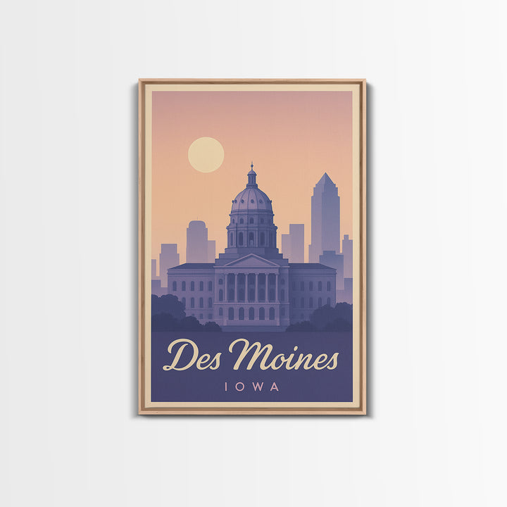 Des Moines Travel Poster, Framed Canvas Print, Retro Sunset Skyline Art, Des Moines Art Print, Vintage Travel Art, City Art Print