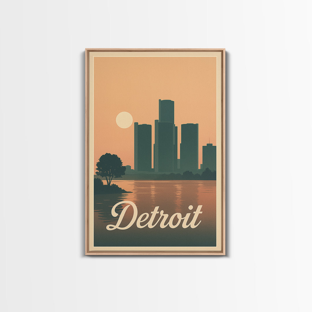 Detroit Travel Poster, Canvas Print, Retro Sunset Skyline Art, Detroit Poster Print, Home Office Decor, Travel Wall Decor, Travel Art Print
