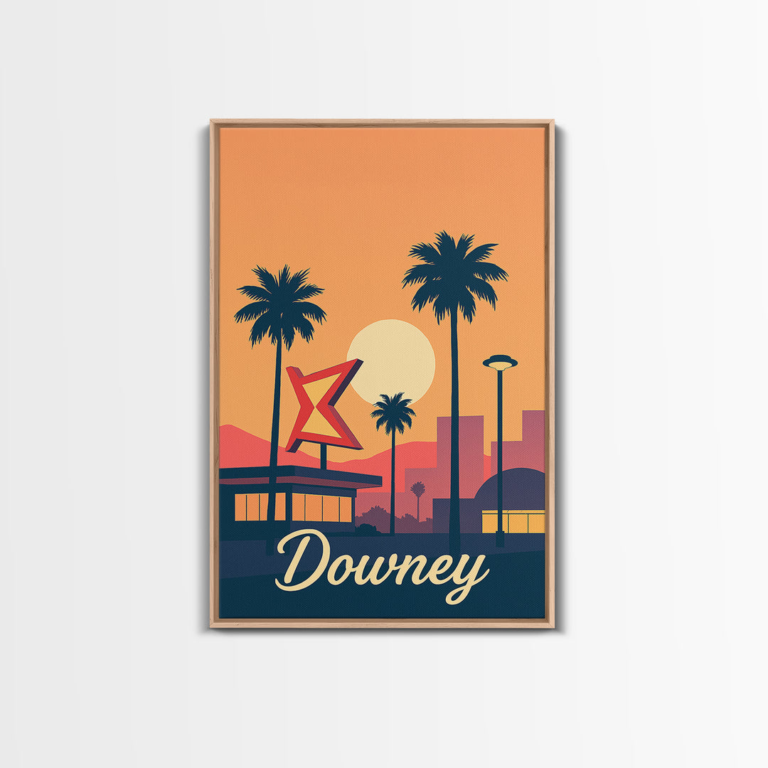 Downey California Travel Poster, Canvas Print, Retro Sunset Skyline Art, Downey City Art, Wanderlust Decor, Living Room Wall Art, Wall Art