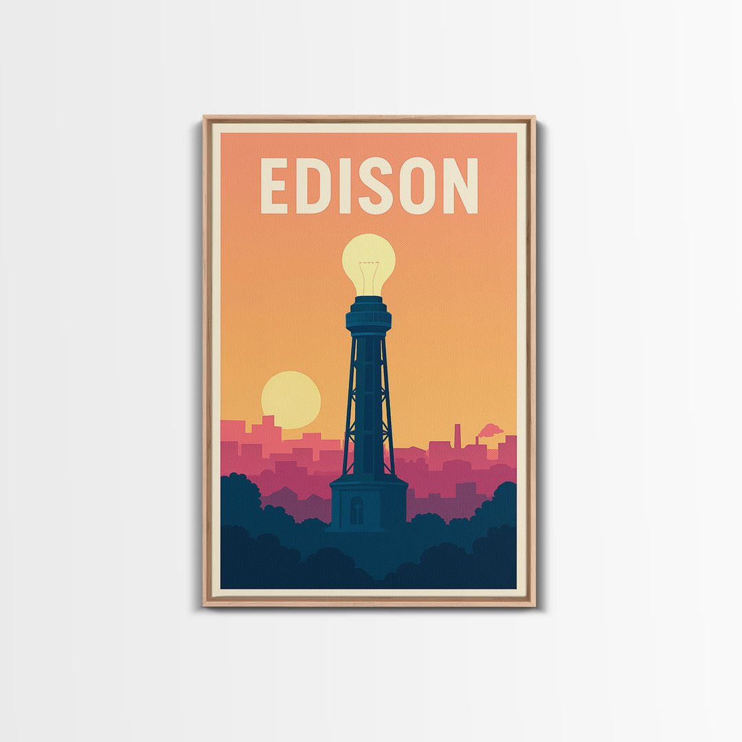Edison Travel Poster, Framed Canvas Print, Mid Century City Wall Art, Edison Travel Art, Mid Century Wall Art, Watercolor Skyline