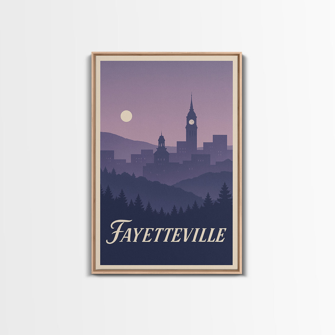 Fayetteville Travel Poster, Framed Canvas Print, Mid Century City Wall Art, Fayetteville Poster Print, Wanderlust Decor, Retro Travel Print