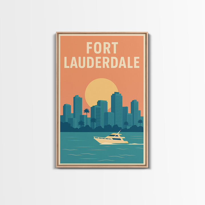 Fort Lauderdale Travel Poster, Framed Canvas Print, Retro Sunset Skyline Art, Fort Lauderdale Wall Art, Vintage Travel Print, Design 2