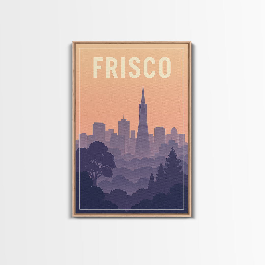 Frisco Texas Travel Poster, Canvas Print, Mid Century City Wall Art, Frisco Wall Art, Wanderlust Decor, Watercolor Downtown Skyline