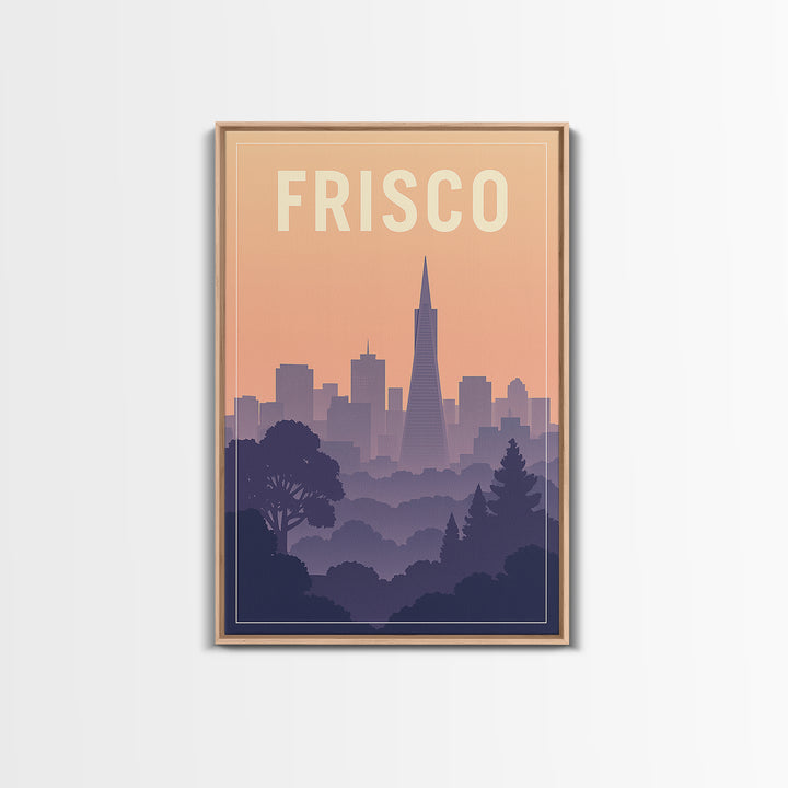Frisco Texas Travel Poster, Canvas Print, Mid Century City Wall Art, Frisco Wall Art, Wanderlust Decor, Watercolor Downtown Skyline