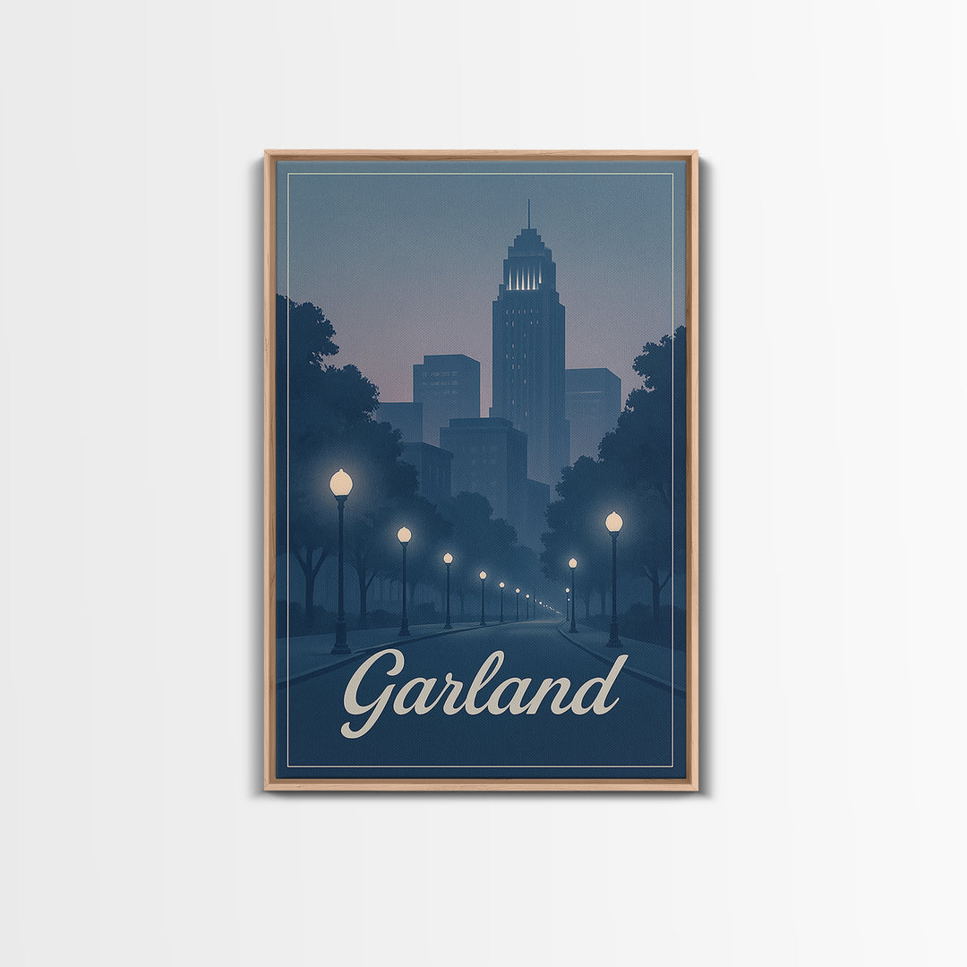 Garland Travel Poster, Canvas Print, Retro Sunset Skyline Art, Garland Poster Print, Wanderlust Decor, Fine Art Print, Modern Wall Decor