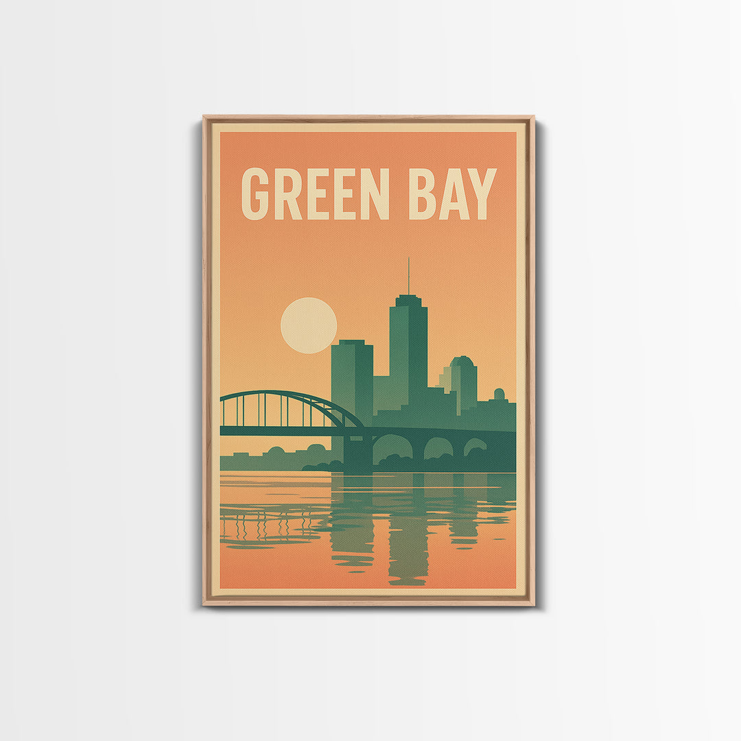 Green Bay Travel Poster, Canvas Print, Retro Sunset Skyline Art, Green Bay Wall Art, Gift For Travelers, Home Office Decor, Home Decor