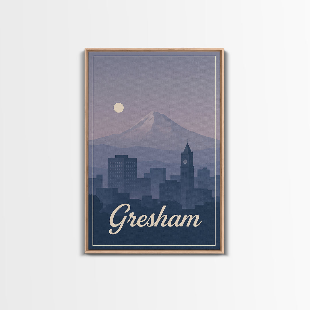 Gresham Travel Poster, Framed Canvas Print, Retro Sunset Skyline Art, Gresham Art Print, Travel Wall Art, Eclectic Wall Decor, Design 2