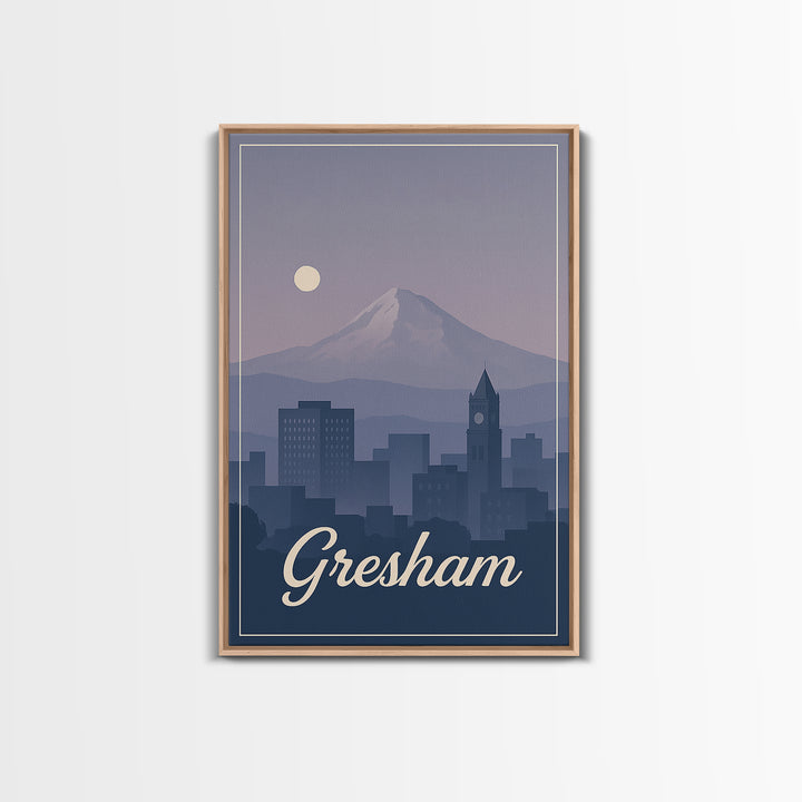 Gresham Travel Poster, Framed Canvas Print, Retro Sunset Skyline Art, Gresham Art Print, Travel Wall Art, Eclectic Wall Decor, Design 2