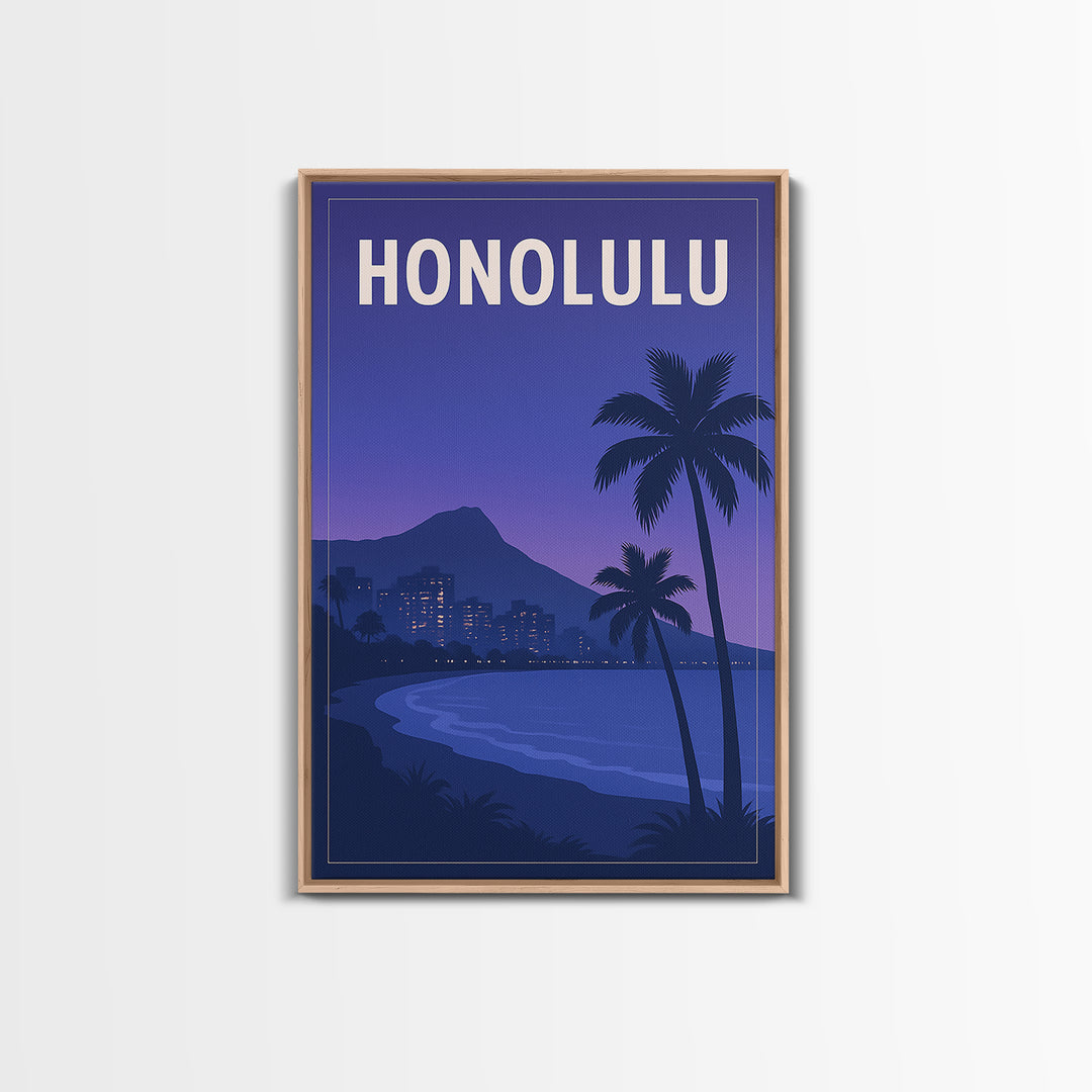 Honolulu Hawaii Travel Poster, Canvas Print, Retro Sunset Skyline Art, Honolulu Wall Art, Mid Century Wall Art, Living Room Wall Art