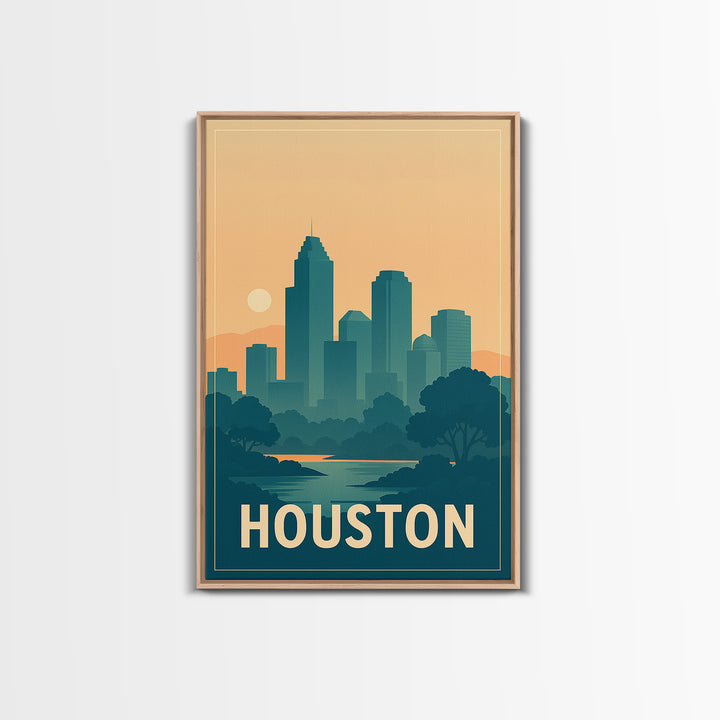 Houston Travel Poster, Framed Canvas Print, Retro Sunset Skyline Art, Houston Travel Art, Modern Wall Decor, Living Room Wall Art