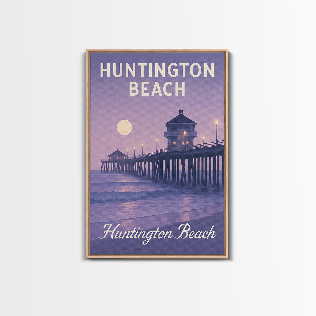 Huntington Beach Travel Poster, Framed Canvas Print, Classic Travel Poster Art, Huntington Beach Travel Art, Travel Wall Art, Design 2