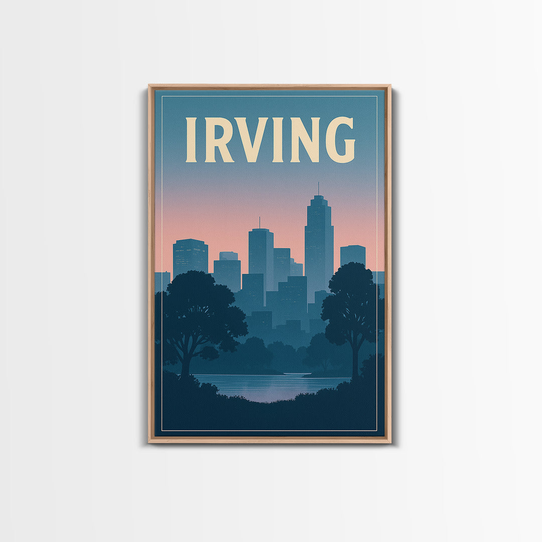Irving Texas Travel Poster, Canvas Print, Retro Sunset Skyline Art, Irving Poster Print, Wall Decor, Mid Century Wall Art, Art Print