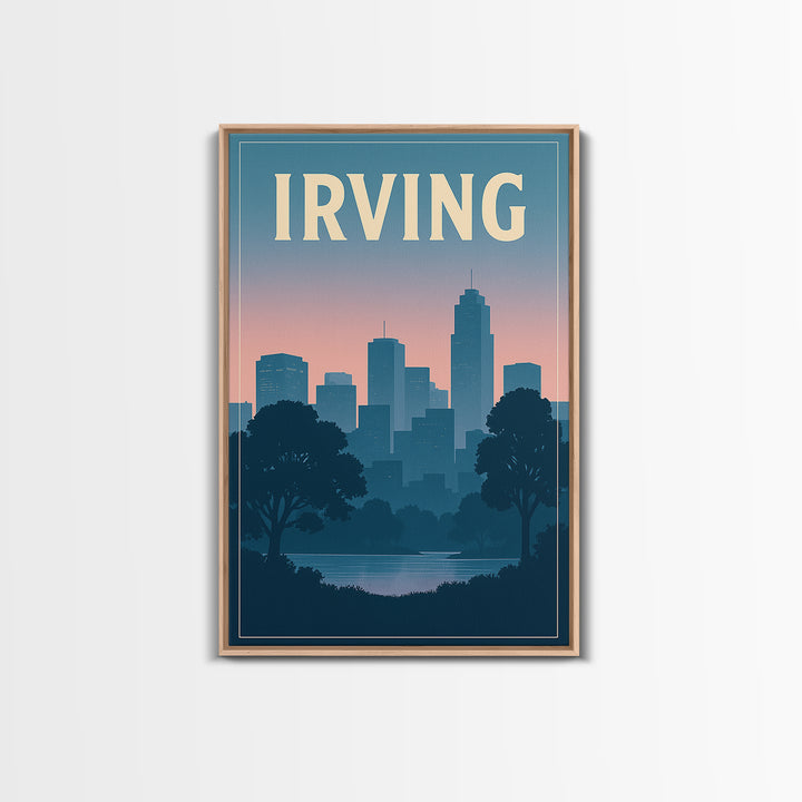 Irving Texas Travel Poster, Canvas Print, Retro Sunset Skyline Art, Irving Poster Print, Wall Decor, Mid Century Wall Art, Art Print