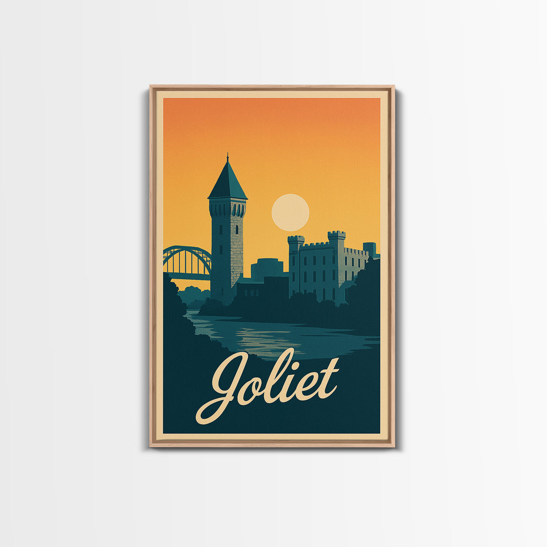 Joliet Illinois Travel Poster, Canvas Print, Retro Sunset Skyline Art, Joliet Wall Art, Watercolor Skyline Art, Travel Wall Decor, Wall Art