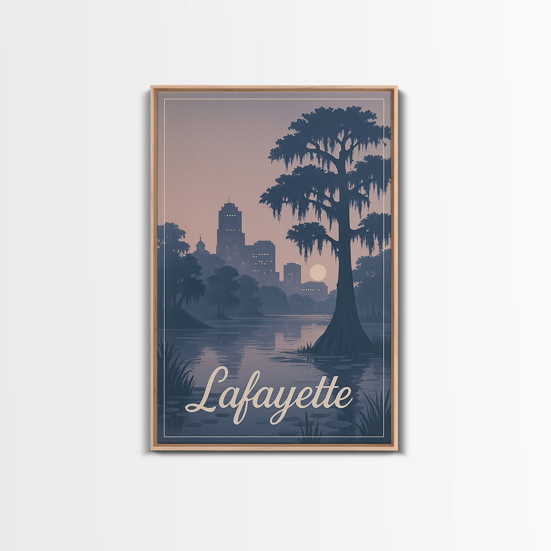 Lafayette Travel Poster, Framed Canvas Print, Retro Sunset Skyline Art, Lafayette Travel Art, Travel Poster Set, Vintage City Poster