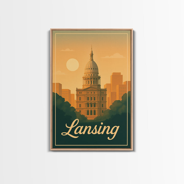Lansing Michigan Travel Poster, Canvas Print, Classic Poster Art, Lansing City Art, City Illustration, Office Decor, Mid Century Wall Art
