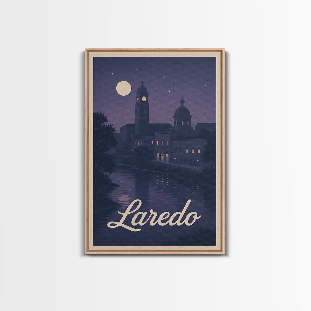 Laredo Travel Poster, Framed Canvas Print, Classic Travel Poster Art, Laredo Wall Art, Travel Wall Decor, Watercolor City Skyline