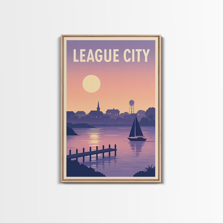 League City Texas Travel Poster, Framed Canvas Print, Retro Sunset Skyline Art, League City Travel Art, Travel Wall Decor, Travel Wall Art