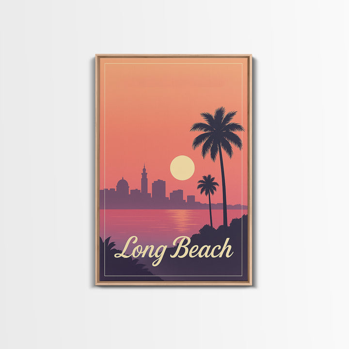Long Beach California Travel Poster, Canvas Print, Retro Sunset Skyline Art, Long Beach Art Print, Vintage Travel Art, City Travel Prints