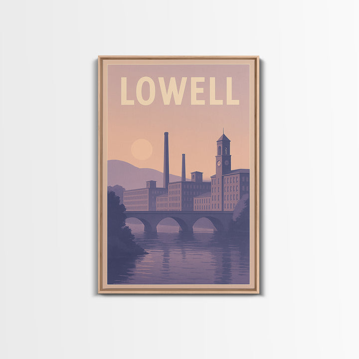 Lowell Massachusetts Travel Poster, Canvas Print, Retro Sunset Skyline Art, Lowell Travel Art, Poster Art, Fine Art Print, Travel Wall Art
