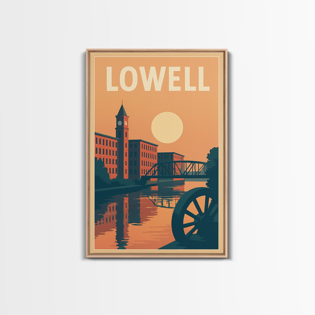 Lowell Travel Poster, Canvas Print, Retro Sunset Skyline Art, Lowell Art Print, Gift For Travelers, Mid Century Wall Art, Travel Art Print
