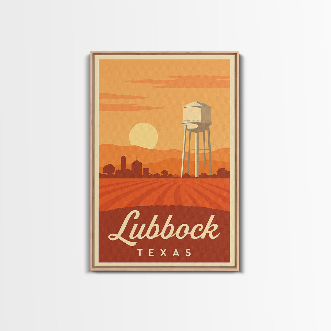 Lubbock Texas Travel Poster, Framed Canvas Print, Retro Sunset Skyline Art, Lubbock Poster Print, Wanderlust Decor, Travel Poster Set