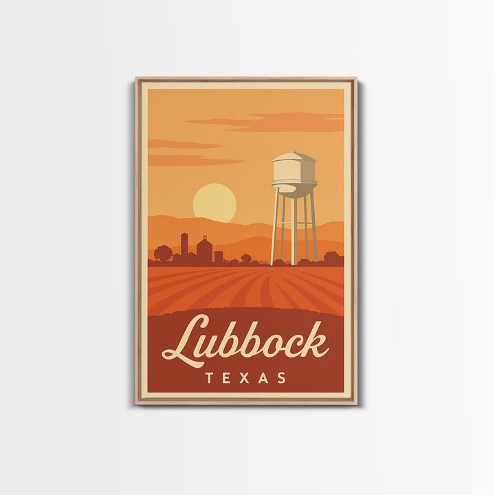 Lubbock Texas Travel Poster, Framed Canvas Print, Retro Sunset Skyline Art, Lubbock Poster Print, Wanderlust Decor, Travel Poster Set