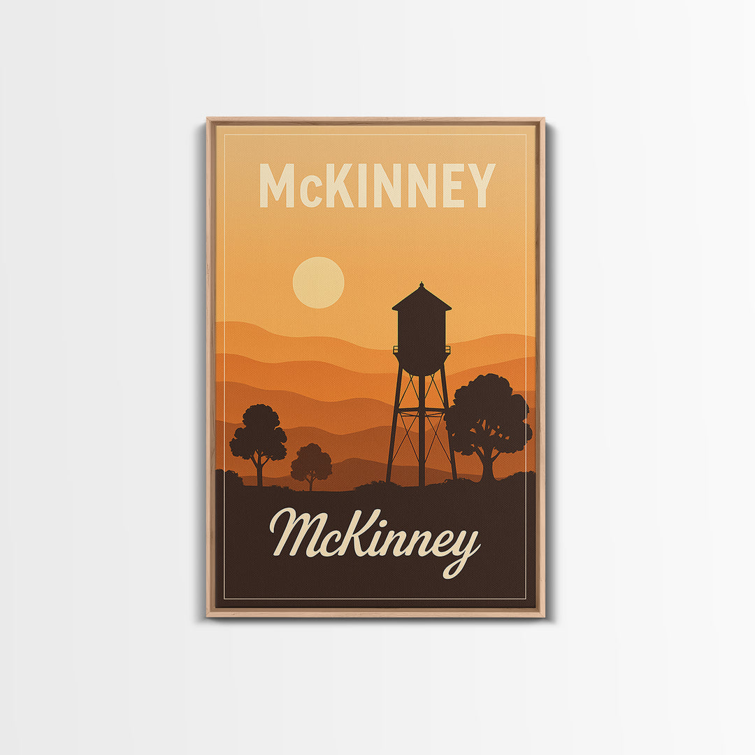 Mckinney Texas Travel Poster, Canvas Print, Retro Sunset Skyline Art, Mckinney Travel Art, Vintage Travel Art, Vintage Travel Print