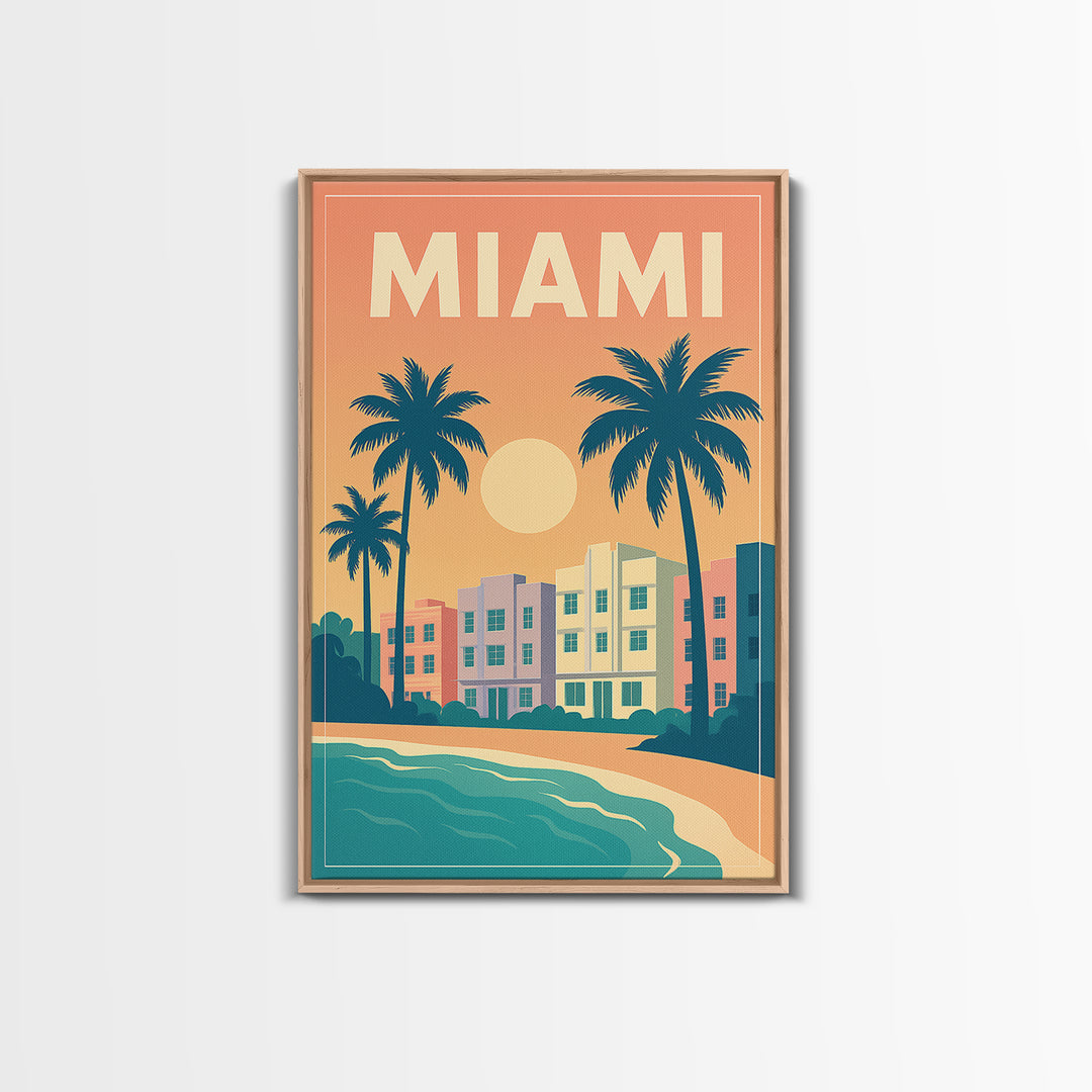 Miami Travel Poster, Framed Canvas Print, Vintage Travel Poster Art, Miami Poster Print, City Art Print, Living Room Wall Art, Design 2