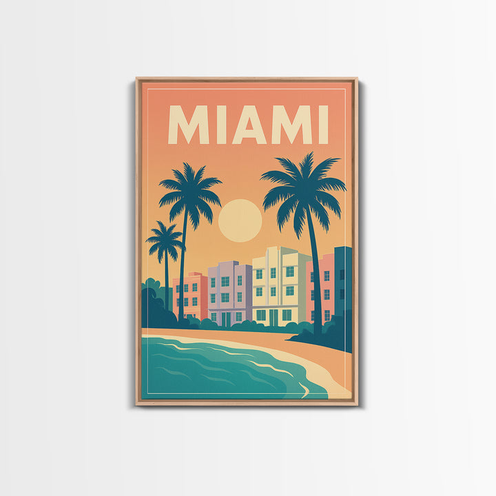 Miami Travel Poster, Framed Canvas Print, Vintage Travel Poster Art, Miami Poster Print, City Art Print, Living Room Wall Art, Design 2