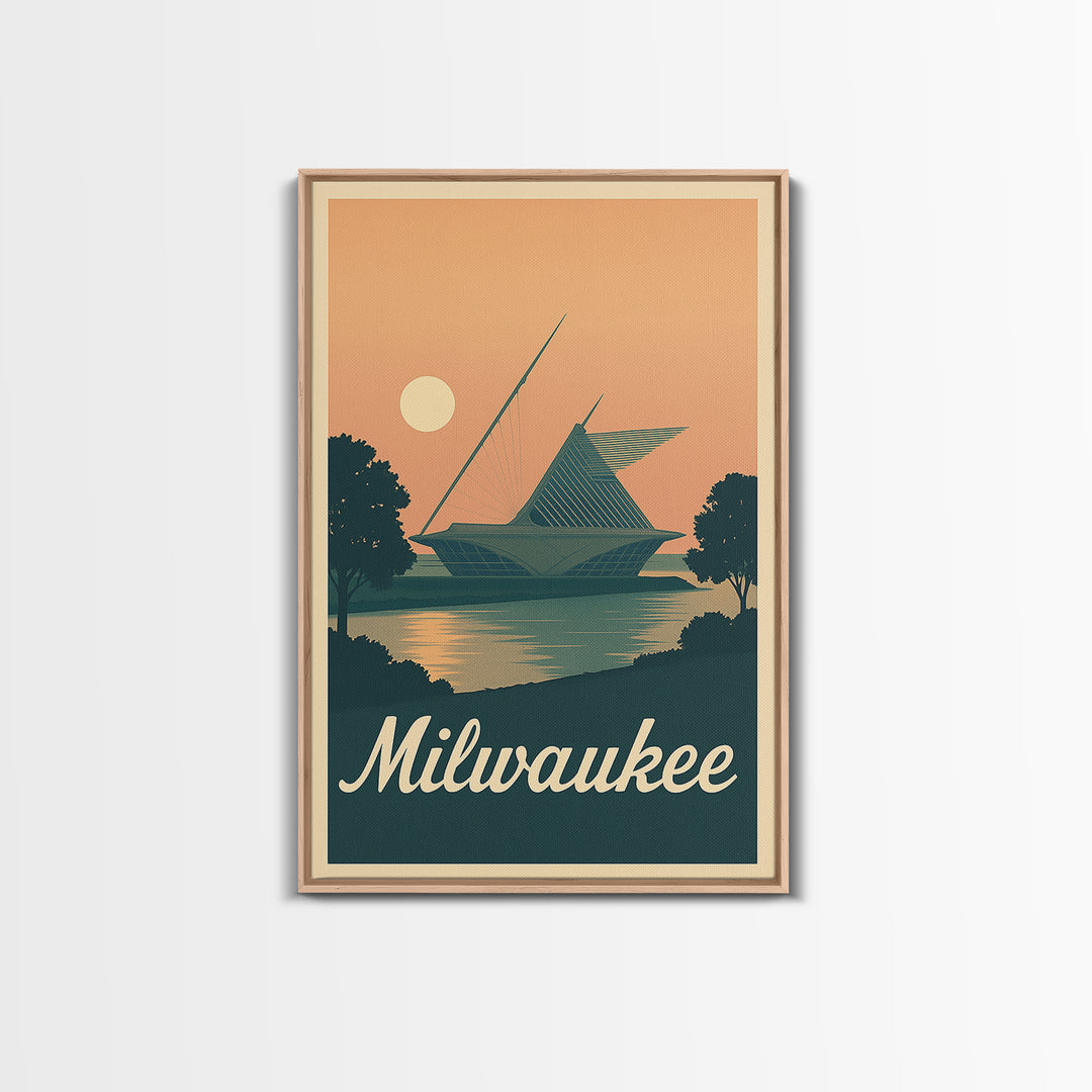 Milwaukee Travel Poster, Framed Canvas Print, Classic Travel Poster Art, Milwaukee Art Print, Watercolor Skyline, Retro Travel Print