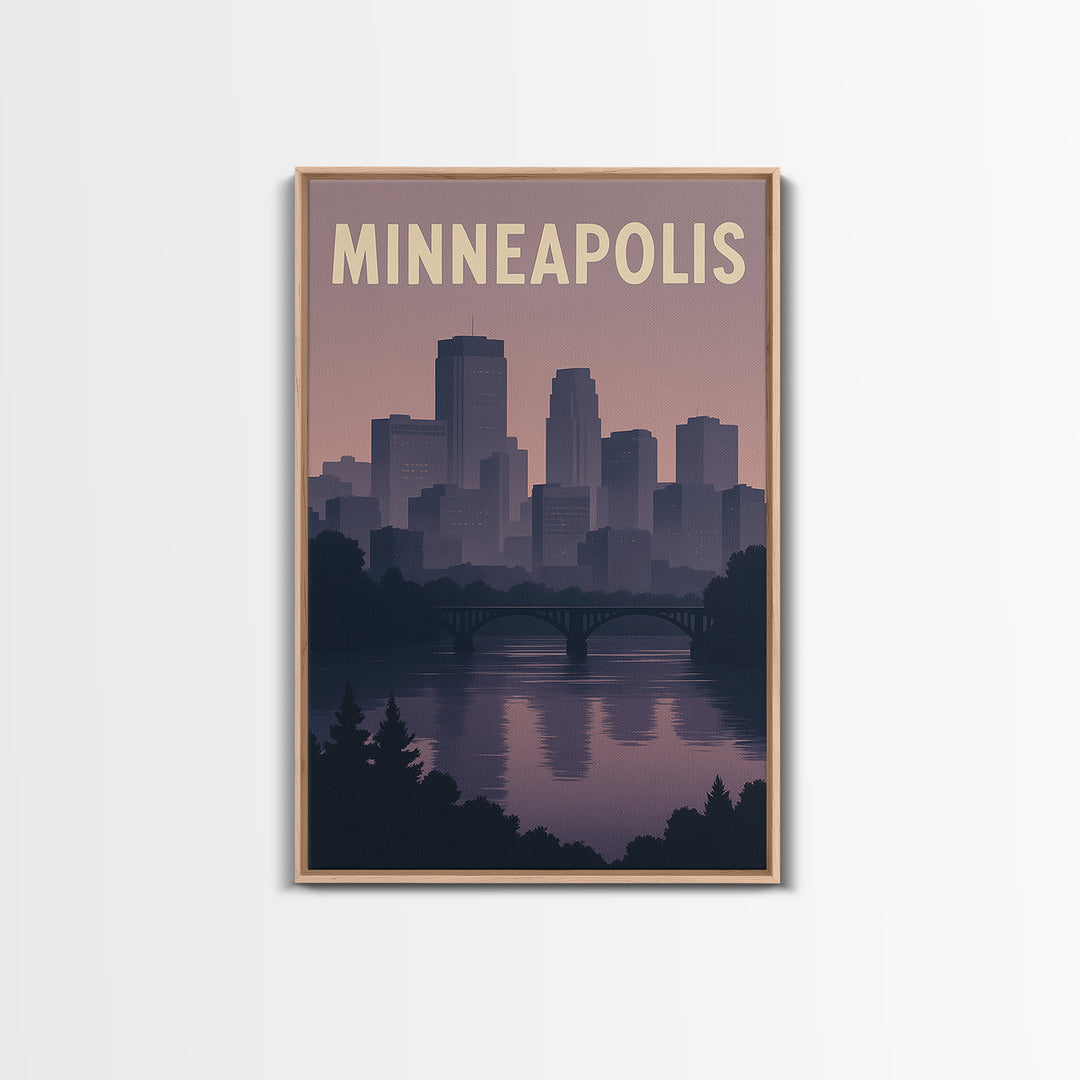 Minneapolis Travel Poster, Framed Canvas Print, Retro Sunset Skyline Art, Minneapolis Travel Art, Vintage Travel Print, City Art Print