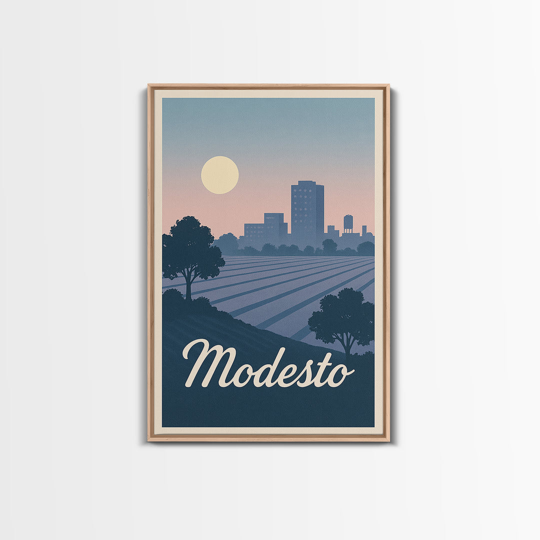 Modesto Travel Poster, Canvas Print, Mid Century City Wall Art, Modesto City Art, Modern Wall Decor, City Illustration, City Art Print