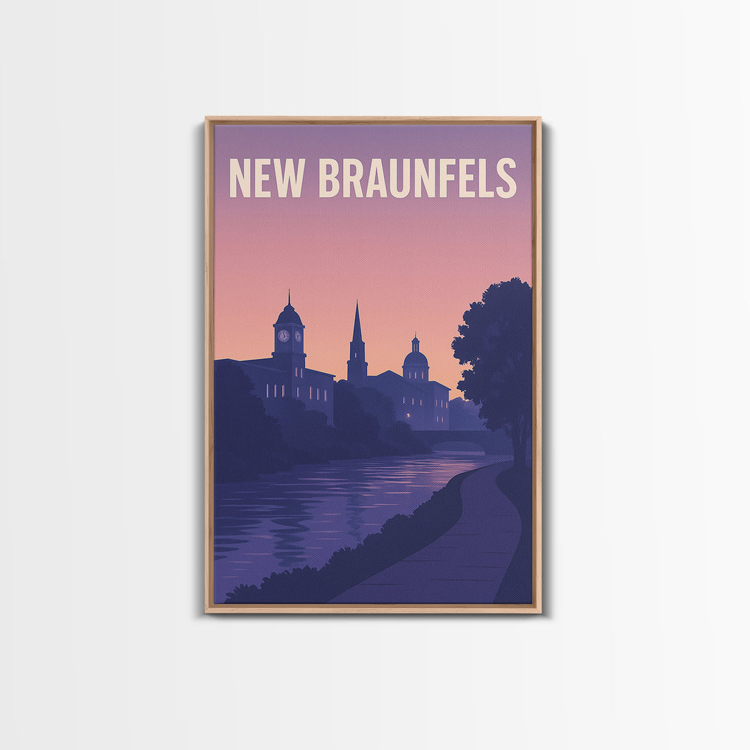 New Braunfels Travel Poster, Framed Canvas Print, Retro Sunset Skyline Art, New Braunfels City Art, Vintage Travel Print, Vintage Travel Art