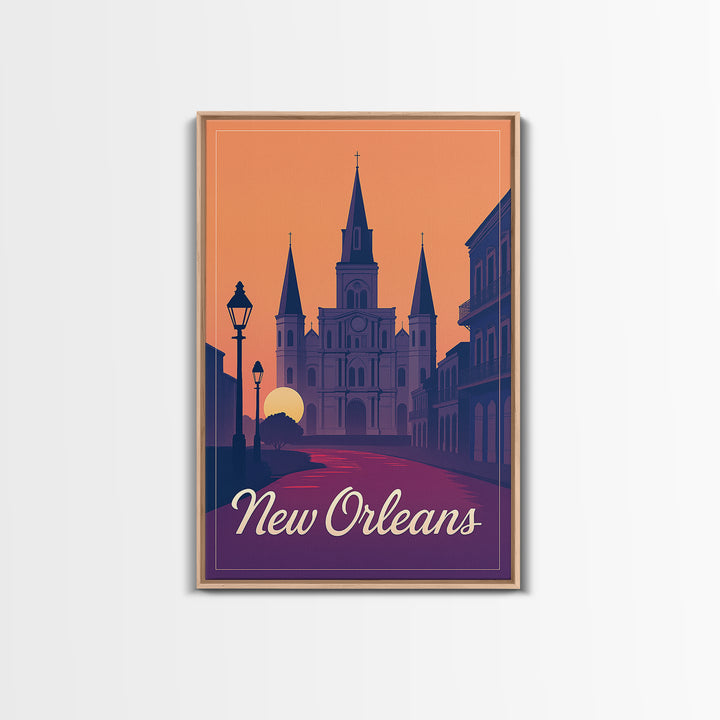 New Orleans Louisiana Travel Poster, Framed Canvas Print, Retro Sunset Skyline Art, New Orleans City Art, Travel Wall Art, Travel Art Print