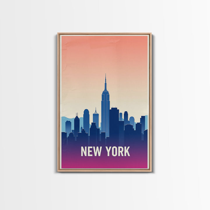 New York Travel Poster, Framed Canvas Print, Retro Sunset Skyline Art, New York Poster Print, Travel Wall Decor, Mid Century Wall Art