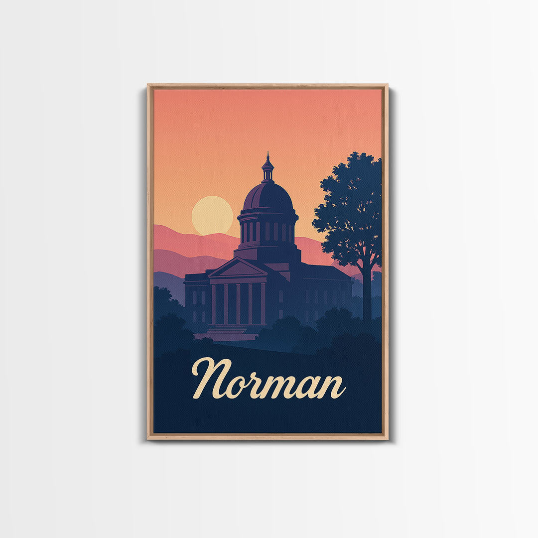 Norman Oklahoma Travel Poster, Framed Canvas Print, Mid Century City Wall Art, Norman City Art, Vintage Travel Print, Retro Travel Print