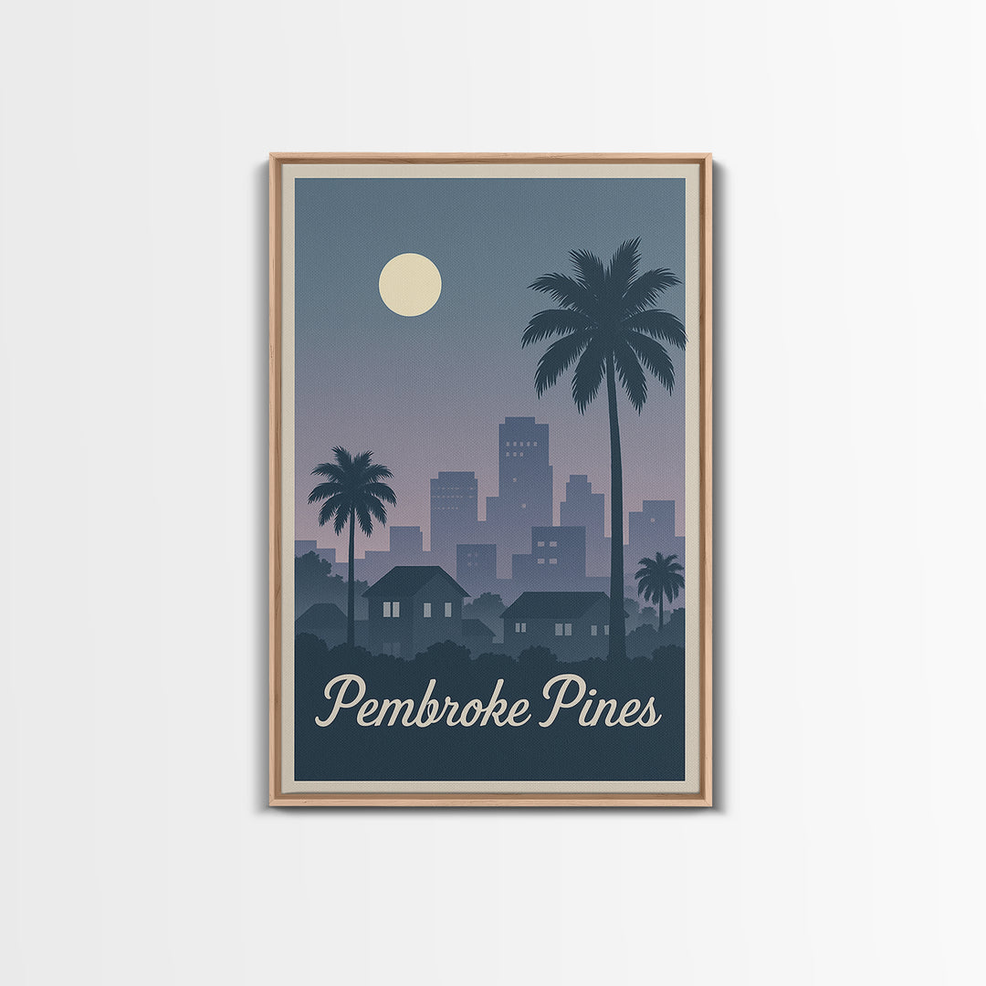Pembroke Pines Florida Travel Poster, Canvas Print, Retro Sunset Skyline Art, Pembroke Pines Art Print, Wanderlust Decor, Modern Wall Decor