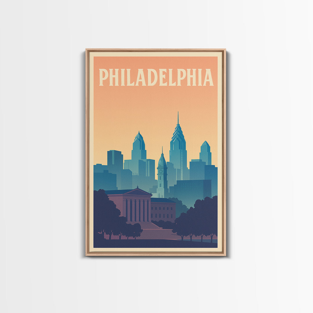 Philadelphia Travel Poster, Framed Canvas Print, Retro Sunset Skyline Art, Philadelphia City Art, Retro Travel Print, City Travel Prints